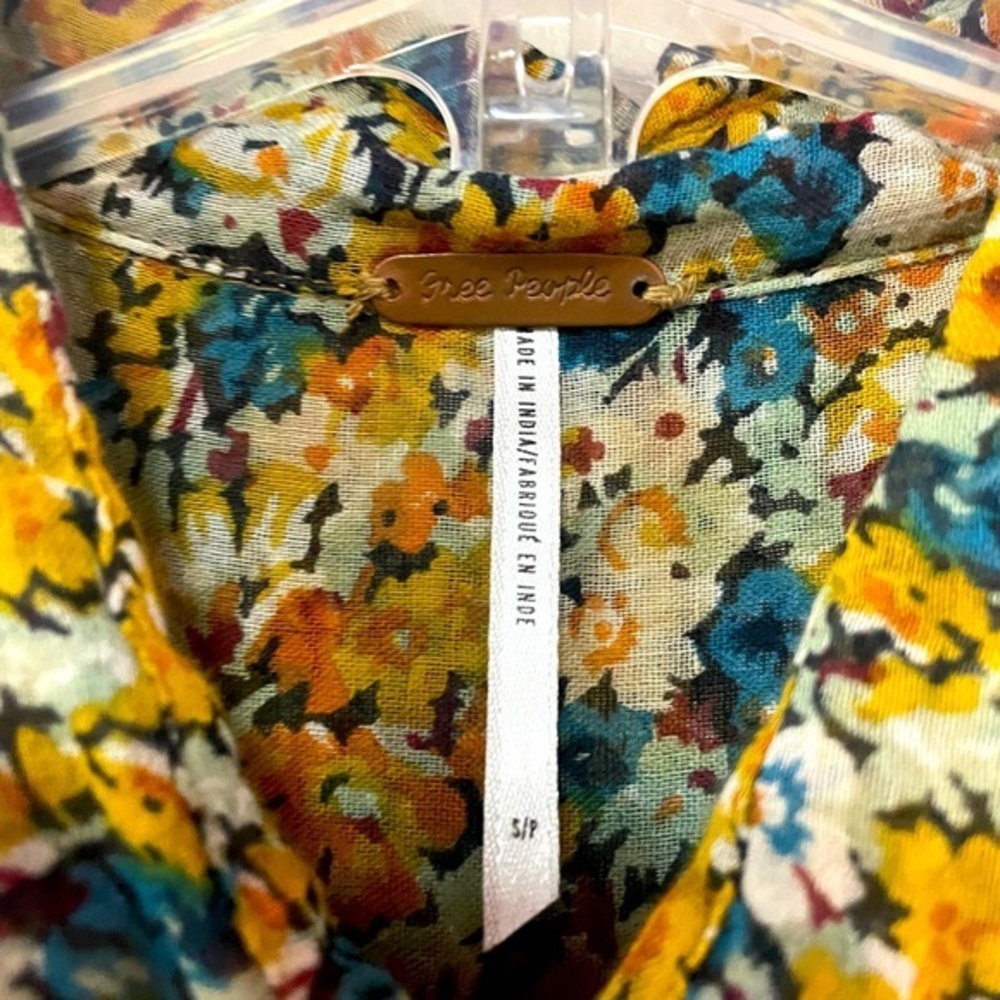 Free People Yellow Green Floral Tiered Button Front Collared Ruffle Tunic  Sz S - Picture 3 of 5